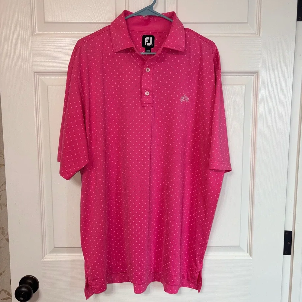 FootJoy Mens XL‎ Pink Diamond Print Performance Golf Polo Shirt Oak Leaves Logo